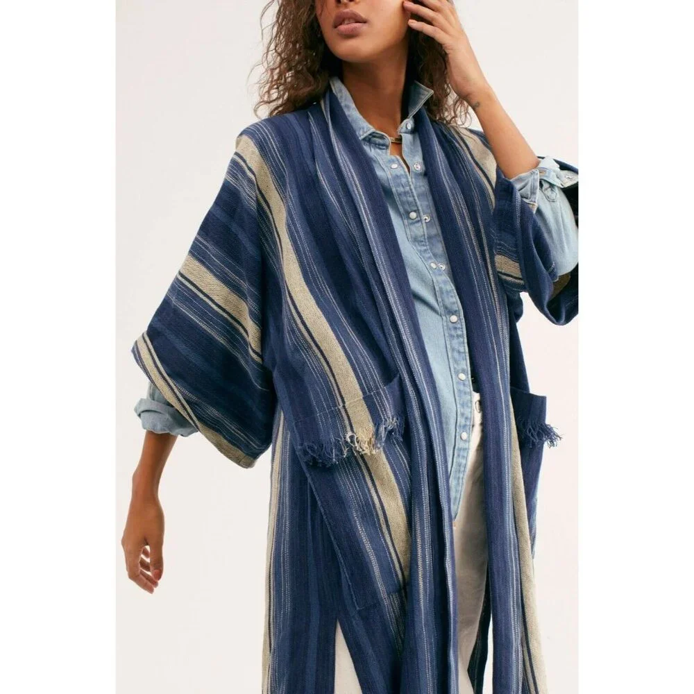 Free People Odyssey Indigo Blue Stripe Kimono One Size S M L - Picture 2 of 7
